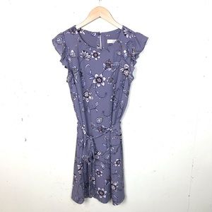 Loft Floral Tie Waist Ruffle Sleeve Dress Medium
